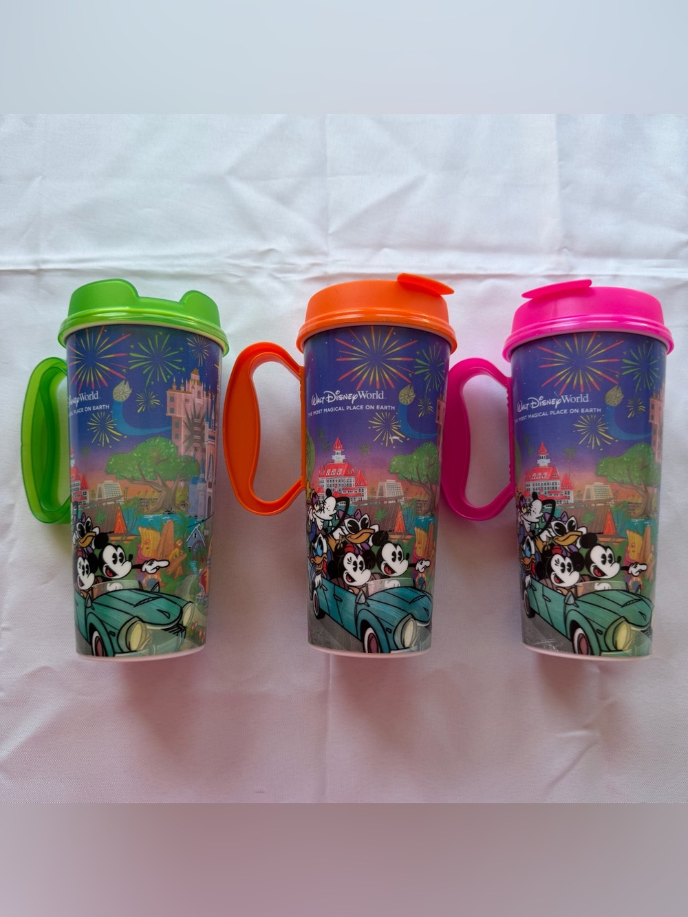 Lot of 3 Walt Disney‎ World Travel Tumbler Green, Orange, Pink Lids 2025